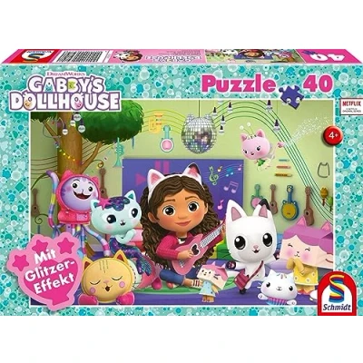 Afbeelding van Schmidt Spiele Miau ziger feestplezier, 40 delen: kinderpuzzel Gabby&#039;s Dollhouse Glitzerpuzzels