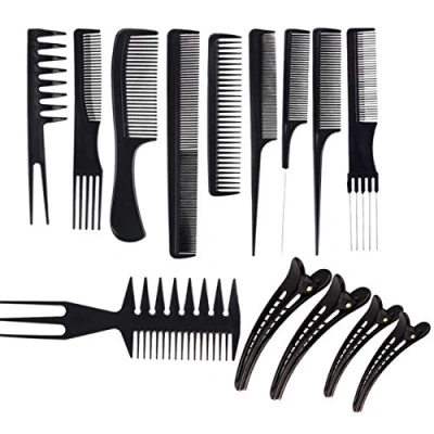 Afbeelding van JZK 10 x professionele salonkamset, antistatisch, kapperskammen + 4 haarclips voor salonstylist, kapper, zwart