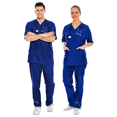 Afbeelding van AIESI® Medisch uniform voor heren en dames, van 100% voorgekrompen katoen, broek bovendeel met V hals, maat XXXL, koningsblauw