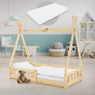 Afbeelding van ML Design kinderbed tipi met uitvalbeveiliging en lattenbodem, 70x140 cm, huisbed naturel, indianenbed van massief grenen hout, kinderhuis jeugdbed houten bed huis speelbed tent cm naturel hout