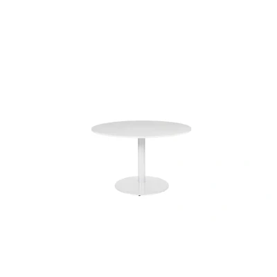 Afbeelding van Linesto 120cm ronde vergadertafel op vaste hoogte (74cm) met licht grijs 25mm blad en witte (RAL9010) trompetvoet