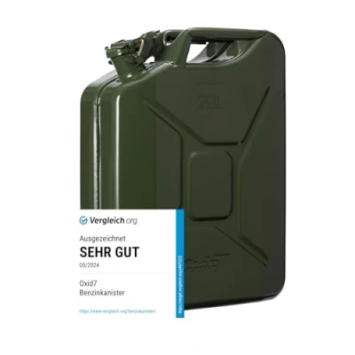 Afbeelding van Oxid7® benzinejerrycan brandstofjerrycan metaal 20 liter met UN keurmerk TÜV Rheinland gecertificeerd typegoedkeuring behandeld moffelen jerrycan bajonetsluiting olijfgroen