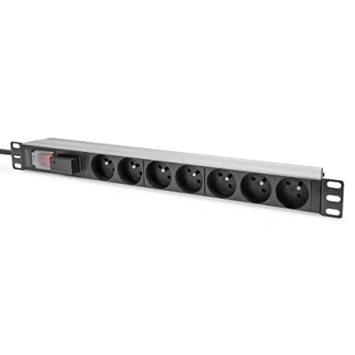Afbeelding van DIGITUS Stekkerdoos 19 inch 7 stopcontacten 1UH Franse versie 250 VAC 50/60 Hz 16 A 4000 W met schakelaar en overspanningsbeveiliging