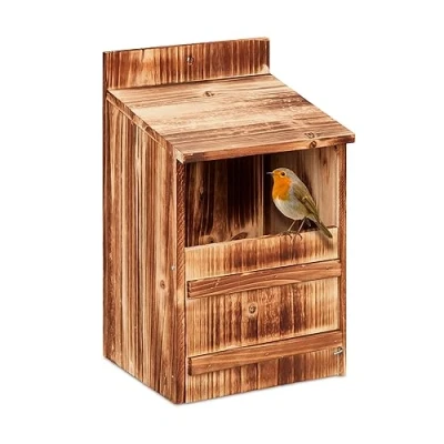 Afbeelding van Relaxdays nestkast halfopen ophangen houten vogelhuis met klep roodborstje tuin