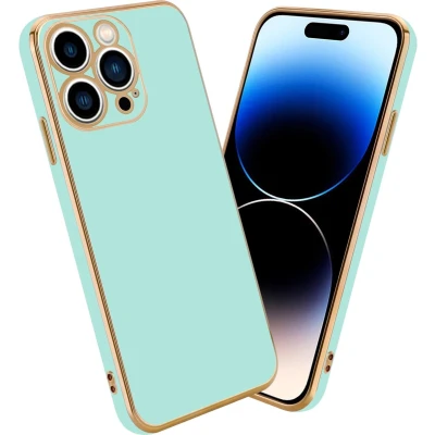 Afbeelding van Cadorabo Hoesje geschikt voor Apple iPhone 14 PRO MAX in Glossy Mintgroen Goud Beschermhoes Case Cover van flexibel TPU silicone en met camerabescherming