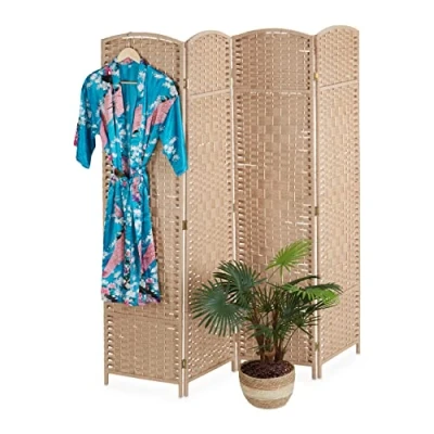Afbeelding van Relaxdays Paravent Set van 4 opvouwbare ruimteverdelers, H x B 170 160 cm, inkijkbescherming voor binnen, hout, papieren touw, scheidingswand, natuur