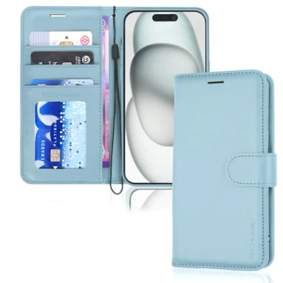 Afbeelding van TECHGEAR Magnetische sluiting voor iPhone 15 6,1 inch PU lederen portemonneehoesje met standfunctie en polsband, lichtblauw