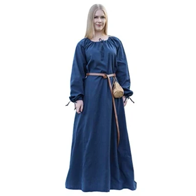 Afbeelding van Battle Merchant Middeleeuwse jurk Ana voor dames, Vikingkostuum met lange mouwen van katoen, LARP jurk, wit, rood, blauw, naturel, Blauw