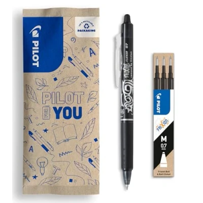 Image de PILOT Set FriXion Clicker 0.7 1 Stylo roller effaçable avec mécanisme à pression + lot de 3 mines rechargeable Guide d&#039;écriture agréable Noir Pointe moyenne
