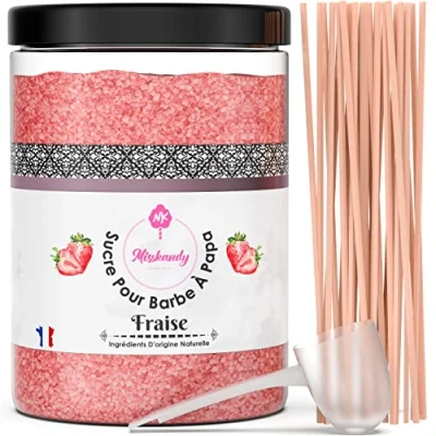 Afbeelding van Misskandy® Suiker, suikerspin, aardbei, 1,4 kg (aroma en natuurlijke kleurstof), voor machine/barbapapa poeder + 50 stokjes, gemaakt in Frankrijk