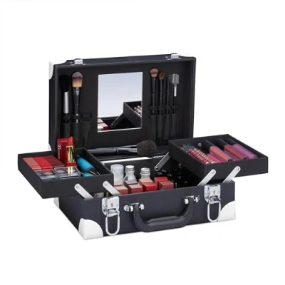 Afbeelding van Relaxdays Make upkoffer voor nagellak, met spiegel, 12,5 x 31 23 cm, leeg, zwart/wit