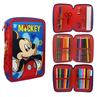 Afbeelding van CARTOON Trousse 3 zip complet 44 pièces pour l&#039;école multi compartiments stylos crayons couleurs marqueurs Giotto, Mickey, Moderne
