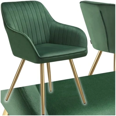 Afbeelding van tectake® Fluwelen Stoel Eetkamerstoel Met Gewatteerde Stof, Moderne Keukenstoelen, Comfortabele Fauteuil Voor Woonkamer, Eetkamer, Lounge groen / goud
