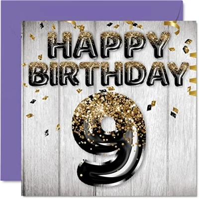 Afbeelding van Stuff4 Verjaardagskaart voor jongens 9 jaar, zwarte en gouden glitterballonnen, verjaardagskaarten van zoon, broer, kleinzoon, neef, 145 mm x