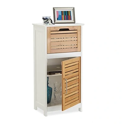Afbeelding van Relaxdays badkamerkast wit bamboe kast halfhoge opbergkast houten kastje met lade