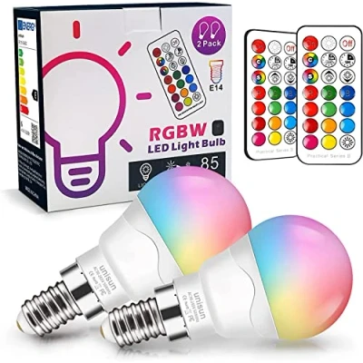 Afbeelding van Set van 2 E14 ledlampen, kleurverandering, dimbaar, komt overeen met 40 W, Unisun 2700 K RGB afstandsbediening, warmwit, energiebesparend