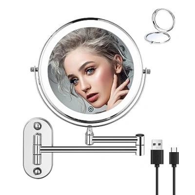 Afbeelding van jutyum Led vergrotingsspiegel, make upspiegel, 360 graden draaibaar, wandmontage, badkamerspiegel met 1X/10X verlichting, 3 kleuren