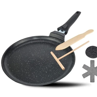 Afbeelding van DIVORY crêpepan inductie 28 cm, pannenkoekenpan met beslagverdeler en houten schep, coating