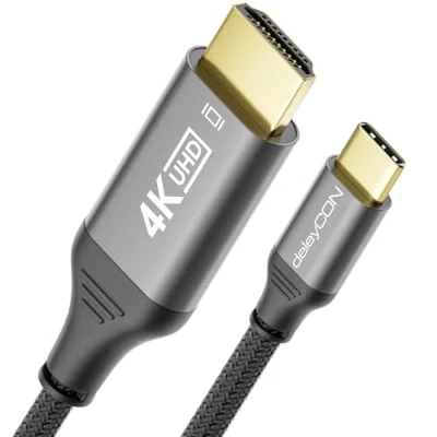 Afbeelding van deleyCON 1 m 4K USB C naar HDMI kabel @60Hz 2K @120Hz met aluminium stekker en nylon compatibel Thunderbolt 3/4 mobiele telefoon smartphone tablet pc computer grijs zwart