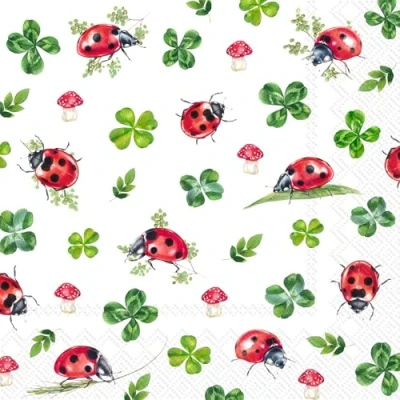 Afbeelding van 20 stuks papieren servetten met bloemen, tuin en natuur lieveheersbeestjes, paddenstoelen klavertjes als tafeldecoratie. Ook geschikt voor decoupage servettechniek 33