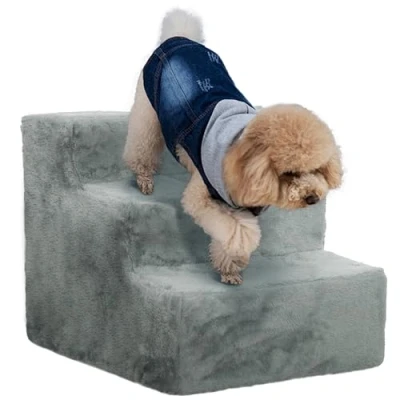 Afbeelding van PawHut Hondentrap met 3 treden 35 cm, pluche look, voor bed, bank, katten tot 5 kg, lichtgrijs