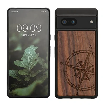 Afbeelding van kwmobile telefoonhoesje geschikt voorGoogle Pixel 7 Hoesje met bumper walnoothout In donkerbruin Vintage Kompas design