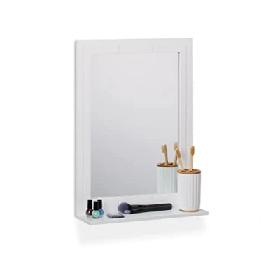 Afbeelding van Relaxdays Badkamerspiegel wandspiegel met plank, rechthoekig frame, wit, 55 x 40 12 cm