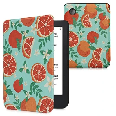 Afbeelding van kwmobile E reader hoesje geschikt voor Kobo Clara 2E hoes flip case met magnetische sluiting Ereader cover Sinaasappels en oranjebloesems design in oranje / blauw wit