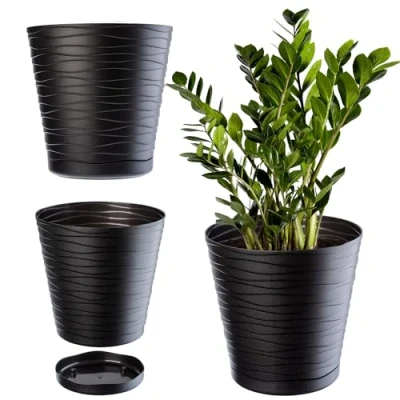 Afbeelding van KADAX Bloempot met onderzetter, plantenbak voor binnen, lichte bloempot, van kunststof, ronde sierpot bloemen, planten, huis, (25 cm, antraciet)