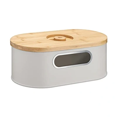 Afbeelding van Navaris broodtrommel met houten deksel Broodbox snijplank als Ovale opbergbox inkijk 34,2 x 18,6 13 cm Taupe