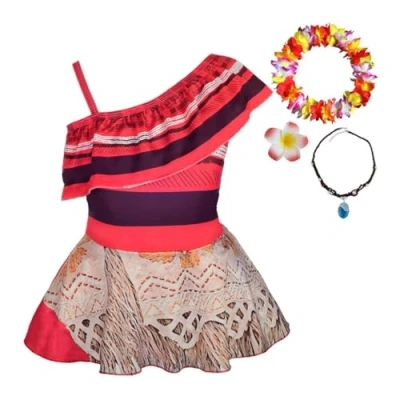 Afbeelding van Lito Angels Vaiana Moana Eendelig badpak met accessoires voor kinderen en meisjes, zomerjurk ruches, Badkleding