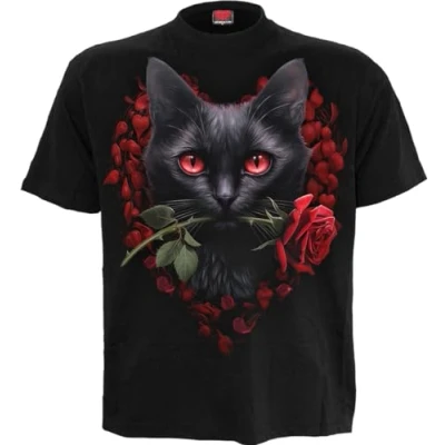 Afbeelding van Spiral Cat&#039;s Love Zwart T shirt met print op de voorkant, zwart.