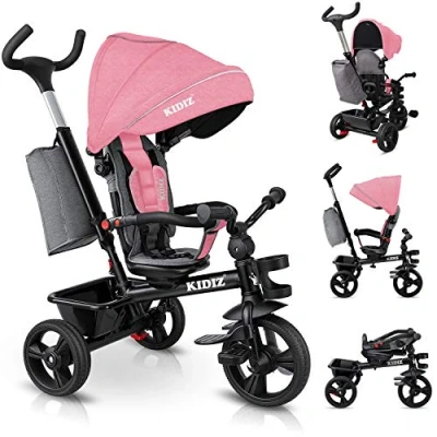 Afbeelding van KIDIZ® Driewieler 5 in 1 kinderdriewieler met duwstang, stuursysteem, stang vanaf jaar, jogger vooruit en achteruit, mand, tas, bekerhouder, zonnedak, rubberen wielen, buggy, fiets, baby, inklapbaar, roze