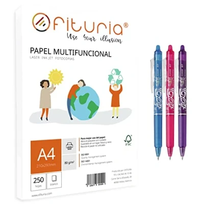 Afbeelding van A4 papierset, 80 g, 250 vellen wit, multifunctioneel papier voor school en werkomgeving, ideaal laser of injectieprinters + 3 Pilot Frixion (blauw/rood/groen)