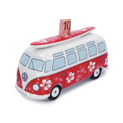 Afbeelding van BRISA VW Collection Volkswagen Varkensbox met surfplank in design T1 Bulli Bus Samba (Flower Power/rood)