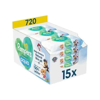 Image de Pampers Harmonie Aqua Lot de 15 paquets 48 lingettes humides pour bébé Pat&#039; Patrouille 720 aident à restaurer le pH naturel la peau, lotion légère avec 99% d&#039;eau
