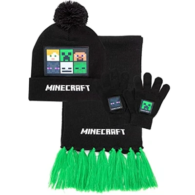 Afbeelding van Minecraft Kids Bobble Hat Handschoenen Sjaal Set Zwarte Gebreide Muts One Size, Zwart, zwart.
