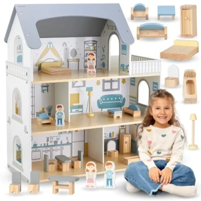 Afbeelding van Mamabrum Houten poppenhuis met terras en accessoires, 3 niveaus, 5 delig, huis meubels, poppenspeelgoedset, hoogte 70,4 cm, subtiele kleuren