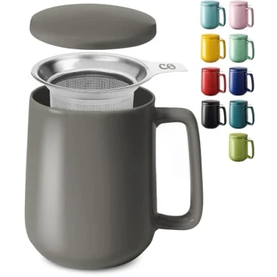 Afbeelding van Cosumy Theemok met zeef en deksel van keramiek, houdt lang warm, XXL, 500 ml, vaatwasmachinebestendig, antraciet