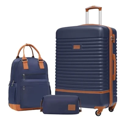 Afbeelding van COOLIFE Harde ABS trolleykoffer, 4 wielen, TSA slot, koffer bevat 1 reisrugzak en toilettas, Blauw/Bruin, Prachtig vormgegeven reisset