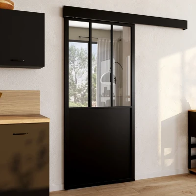 Afbeelding van IDMarket Schuifdeurset glazen gehard glas 93 cm van metaal + MDF met rail en bevestigingen