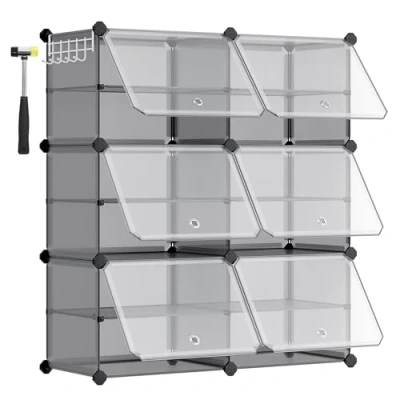 Afbeelding van SONGMICS Schoenenkast met 6 vakken, schoenenkast, 30 x 40 cm per vak, smal, deuren, stalen frame, kunststof, voor hal, slaapkamer, leigrijs LPC033G01