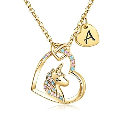 Afbeelding van TINGN 14 karaat verguld hart eenhoorn hanger ketting met initiaal, verjaardagscadeau voor meisjes, nichtjes, Goud, Zirkonia