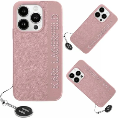 Afbeelding van Karl Lagerfeld Saffiano Rhinestones &amp; Charm hoesje voor iPhone 15 Pro roze