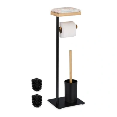 Afbeelding van Relaxdays Toiletborstel van bamboe en ijzer, toiletpapierhouder, staand met borstelhouder, zwart/naturel