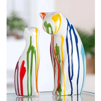 Afbeelding van Gilde Handwerk Beeld Sculptuur Set/2 Katten Colori Keramiek 8x14x22 7x18x7 cm Wit