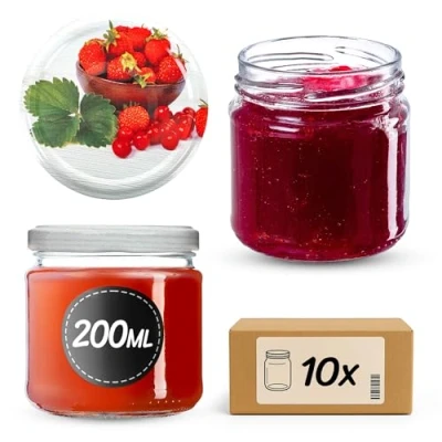 Afbeelding van KADAX Set van 10 kleine jampotten, 200 ml, ronde mini potjes voor honing en specerijen, luchtdichte weckpotten, voorraadpotten glas (aardbeien