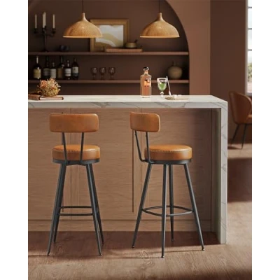 Afbeelding van VASAGLE EKHO Collectie Barkruk set van 2, draaibare barstoel met rugleuning, kunstleer, naden, Mid Century moderne stijl, 76 cm hoog, keuken, huisbar, karamelbruin