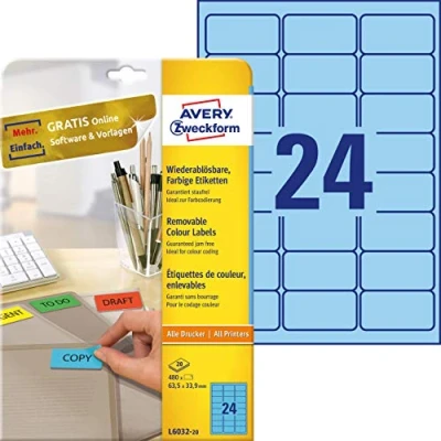 Afbeelding van Avery afneembare gekleurde etiketten ft 63,5 x 33,9 mm (b h), 480 stuks, 24 per blad, blauw etiket