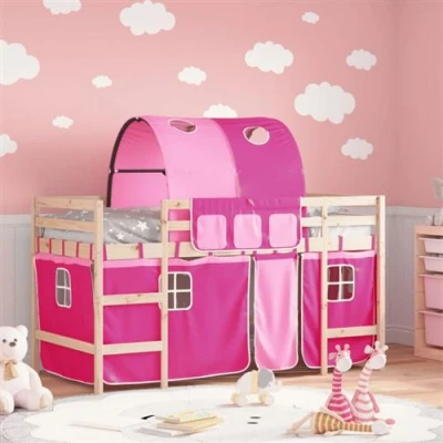 Afbeelding van vidaXL Kinderhoogslaper met tunnel 90x200 cm massief grenenhout roze